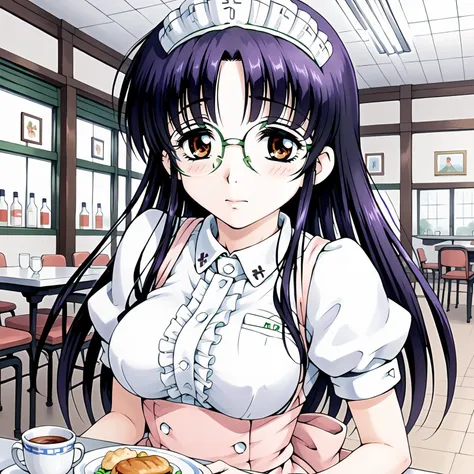 <lora:SUTomoXLpony001>,
solo,
SUTomo,1girl,black hair,purple hair,long hair,brown eyes,eyewear,
waitress,