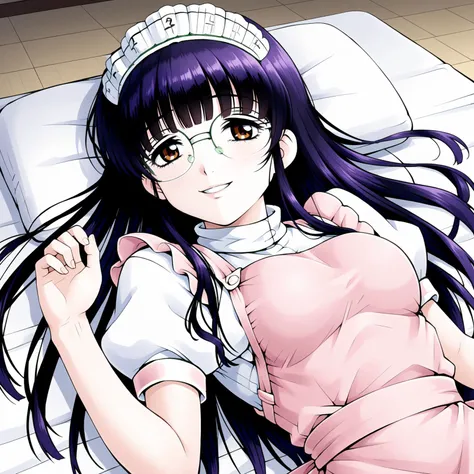 <lora:SUTomoXLpony001>,
smile,parted lips,
solo,
SUTomo,1girl,black hair,purple hair,long hair,bangs,brown eyes,eyewear,
waitress headdress,
waitress,white shirt,turtleneck,pink dress,pink apron,
pencil_skirt,
on back,lying,