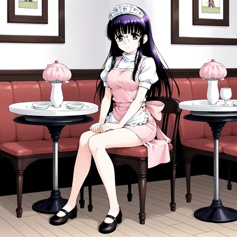 <lora:SUTomoXLpony001>,
solo,
SUTomo,1girl,black hair,purple hair,long hair,bangs,brown eyes,eyewear,
waitress headdress,
waitress,white shirt,turtleneck,pink dress,pink apron,
pencil_skirt,
full body,sitting,chair,