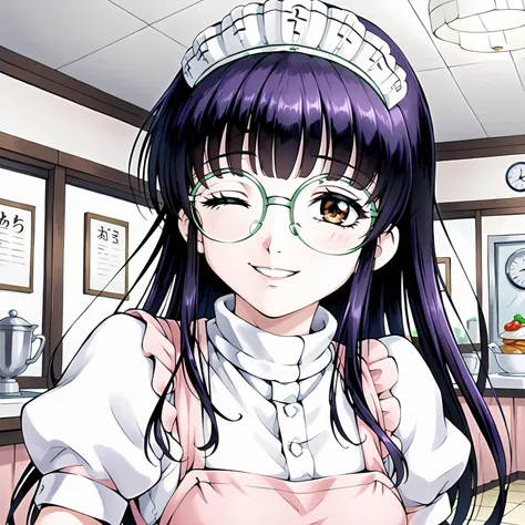 <lora:SUTomoXLpony001>,
smile,parted lips,one eye closed,
solo,
SUTomo,1girl,black hair,purple hair,long hair,bangs,brown eyes,eyewear,
waitress headdress,
waitress,white shirt,turtleneck,pink dress,pink apron,