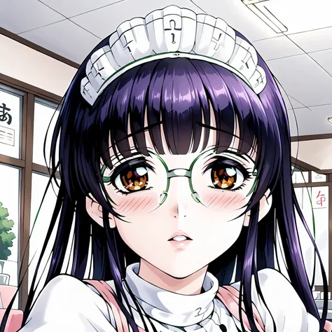 <lora:SUTomoXLpony001>,
parted lips,blush,
solo,
SUTomo,1girl,black hair,purple hair,long hair,bangs,brown eyes,eyewear,
waitress headdress,
waitress,white shirt,turtleneck,pink dress,pink apron,