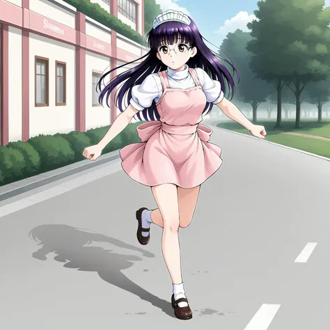 <lora:SUTomoXLpony001>,
solo,
SUTomo,1girl,black hair,purple hair,long hair,bangs,brown eyes,eyewear,
waitress headdress,
waitress,white shirt,turtleneck,pink dress,pink apron,
pencil_skirt,
full body,running,