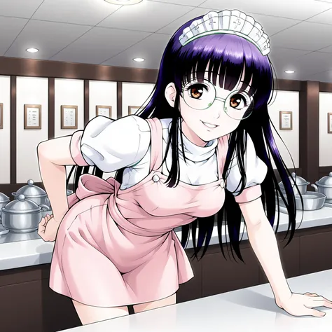 <lora:SUTomoXLpony001>,
smile,parted lips,
solo,
SUTomo,1girl,black hair,purple hair,long hair,bangs,brown eyes,eyewear,
waitress headdress,
waitress,white shirt,turtleneck,pink dress,pink apron,
pencil_skirt,
standing,leaning_forward,