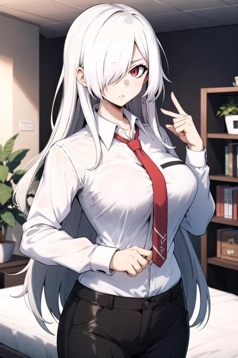 1girl, solo, long hair, white hair, hair over one eye, red eyes, collared shirt, white shirt, long sleeves, necktie, red necktie, pants, black pants, large breasts, standing, looking at viewer, indoors, <lyco:gin_mokuStyleV1:0.7>