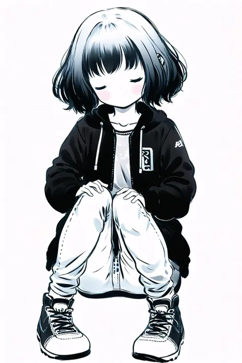 longan, 1girl, solo, closed eyes, shoes, sitting, monochrome, short hair, pants, spot color, jacket, blush, white background, long sleeves, <lora:longan-pynoise:1>