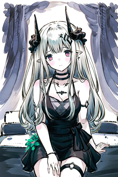 longan,obsidian,white background,  1girl,horns,breasts, solo, crossed legs, sitting, long hair, black dress,large breasts, cleavage, thigh strap, looking at viewer, blush, on bed, bare shoulders, heart<lora:longan-pynoise:1> <lora:Arknights-mudrock-Obsidian (With multires noise version):1>