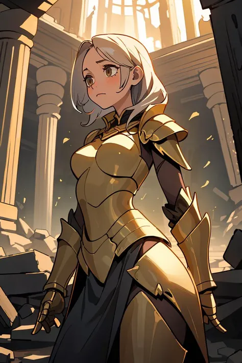 (best quality, masterpiece), 1girl, in ruined temple, a sorceress in golden armor,