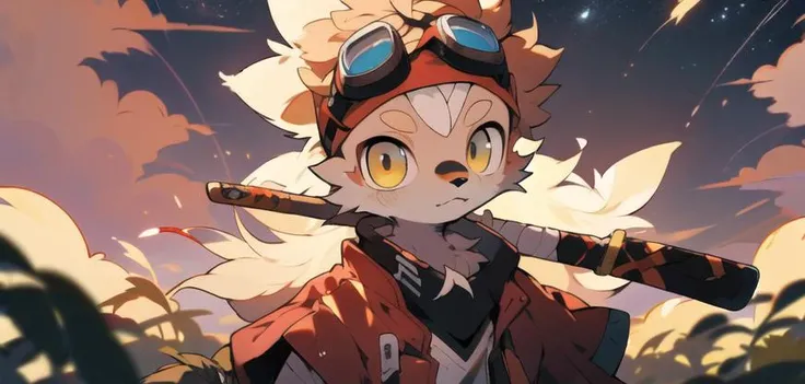 starry sky, sunset, depth of field, perfect lighting, light particles,(best quality),(masterpiece),(ultra detailed),sharp focus,light particles,<lora:40_niji:0.8> , yellow_fur, furry, (upper body), rainbow, colorful flower, looking at viewer, blonde, galaxy, cloud_force, dusk, bird, starfall, wind, sheath, sheathed, scabbard, bandages, headband, falling feather, goggles on head, over shirt, white shirt, magic, flash, sidelocks