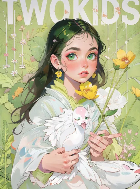 8k,solo,Goose,Children,makeup,blush,portrait,Flowers,looking at viewer,realistic,Eye Makeup,green clothes,