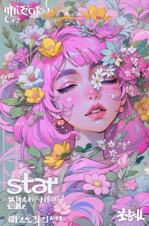 1girl,flower,solo,pink hair,closed eyes,hair ornament,hair flower,long hair,pink flower,bangs,lips,parted lips,