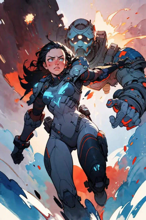 1 female soldier, realistic face, intense looking, high-tech bulky armor, running in the battlefield at Afghanistan, cyberpunk, futuristic, high contrast, ink strokes, explosions, over exposure,
giant monster in the background, impression , abstract, ((watercolor painting by John Berkey and Jeremy Mann )) brush strokes, negative space, from below
<lora:add_detail:1>