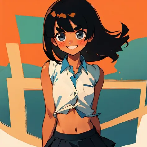 ((masterpiece)):1.5, ((best quality)):1.5, <lora:outfit - rolled sleeves:1>, sleeves_rolled_up, (sleeves_rolled_up:1.1), collared shirt, white button shirt, midriff, navel, bare arms, black skirt, short skirt, blushing, shy, black hair, long hair, blunt bangs, 15 years old, tanned skin, thick eyebrows, wide smile