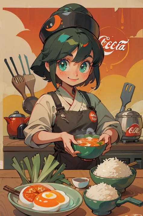 masterpiece: 1.2, best quality, 1girl, smile, hat,
kitchen, tools, upper body, ramen, tomato, fried egg, beef, green onion, pepper, Coca-Cola, orange, kitchenware, pot, rice_bowl, retro artstyle, poster \(object\),