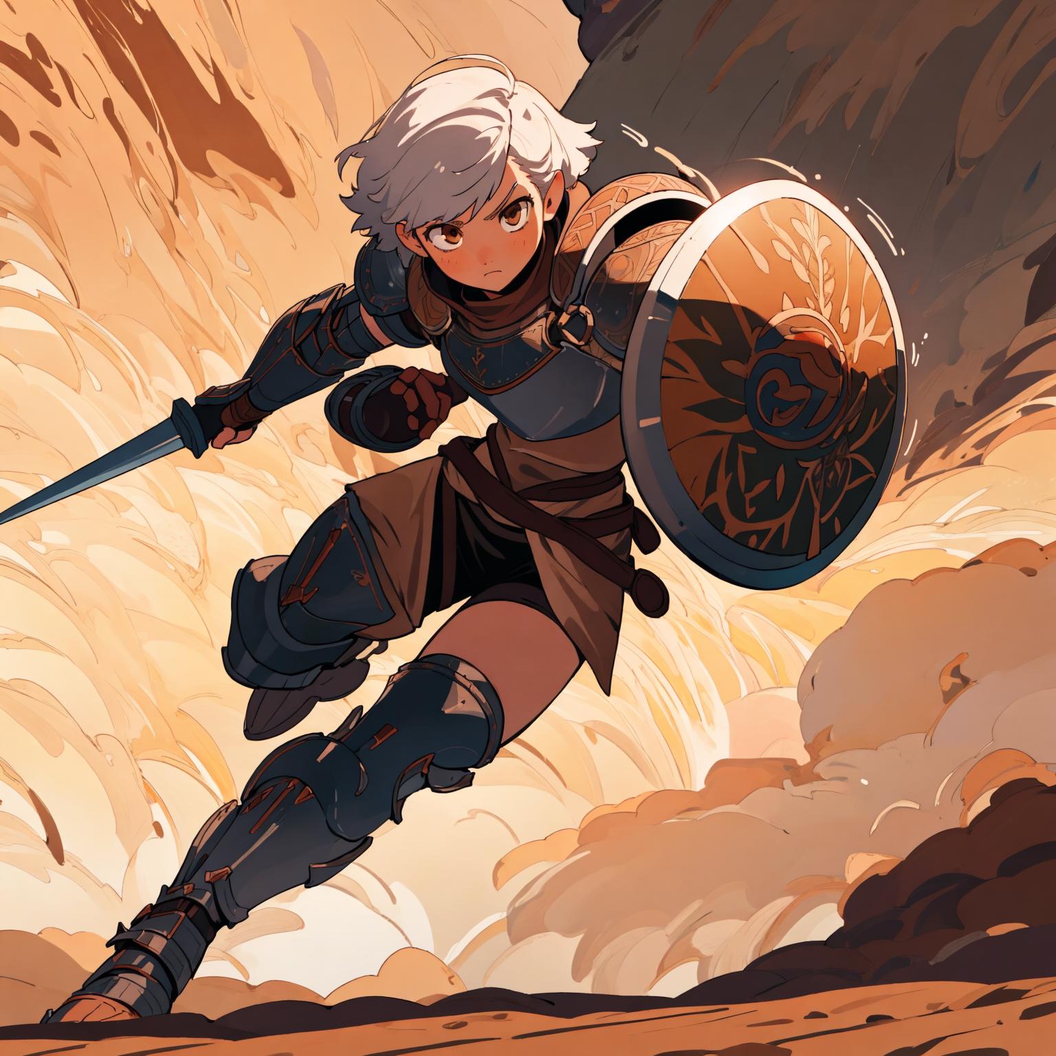 A woman in armor holding a sword and shield in a desert - SeaArt AI
