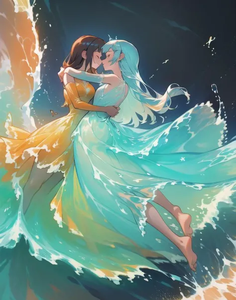 (masterpiece, best quality), very long hair, liquid dress, long dress, skirt, seethru, school, detached sleeves, detached hem, water splash hem,
two girls, orange girl in orange dress and blue girl in blue dress, girls looking on each other, kissing, girls dancing, waltz,
sunshine, waves, sea, tides, holes in dress, bare legs, galaxy, glitter, particle, wind, sharp focus, subtle smile,
barefoot,
<lora:liquid clothes>
