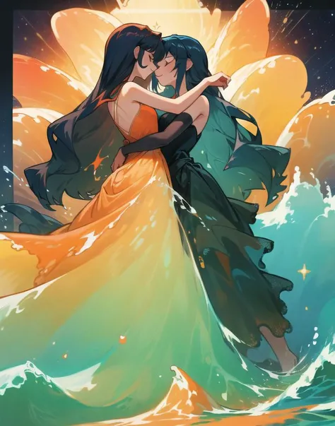 (masterpiece, best quality), very long hair, liquid dress, very long dress, skirt, seethru, school, detached hem, water splash hem, eye of the storm,
two girls, orange girl in orange dress and black girl in blue dress, girls looking on each other, kissing, girls dancing, waltz, red straps, one height,
sunshine, waves, sea, tides, galaxy, glitter, particle, wind, sharp focus, subtle smile,
<lora:liquid clothes>