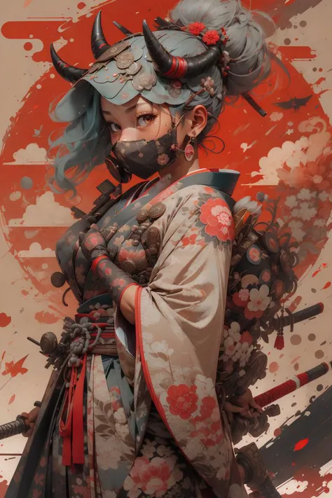 <lora:sxz-niji-v2:0.4> ,lightingstylesamurai, lightingstylesamurai, 1girl, japanese armor, japanese clothes, shoulder armor, samurai, helmet, mouth mask, ponytail, dark skin, arm guards, sash, horns, long sleeves, wide sleeves, smile, gauntlets <lora:ukiyo-de-darquelilly-v1:1>, ukiyo-de