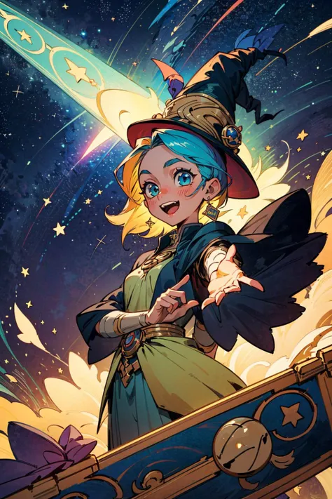 tarot_card, (best quality), (masterpiece), (detailed:1.4), 1girl, (bewitching), (playful:1.2), (cute:1.3), (radiant:1.3), (enchanting:1.4), matte, (bold:1.3), colorful, vibrant, shooting star