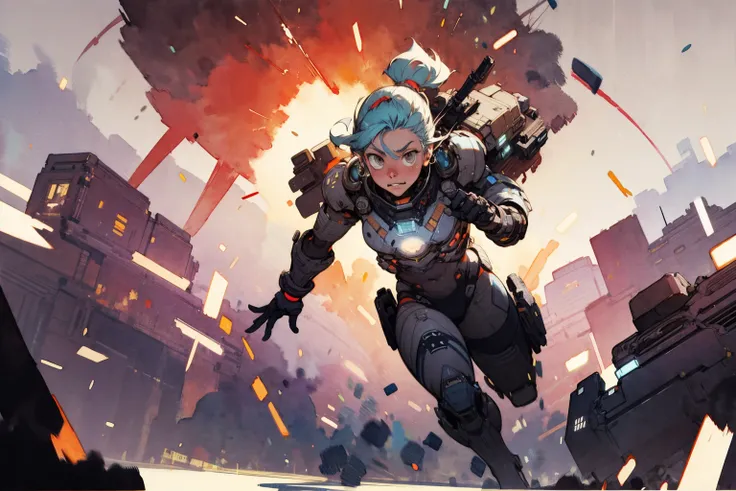 1 female soldier, high-tech bulky armor, running in the battlefield at Afghanistan, cyberpunk, futuristic, high contrast, ink strokes, explosions, over exposure,
impression , abstract, ((watercolor painting by John Berkey and Jeremy Mann )) brush strokes, negative space,
<lora:add_detail:1>