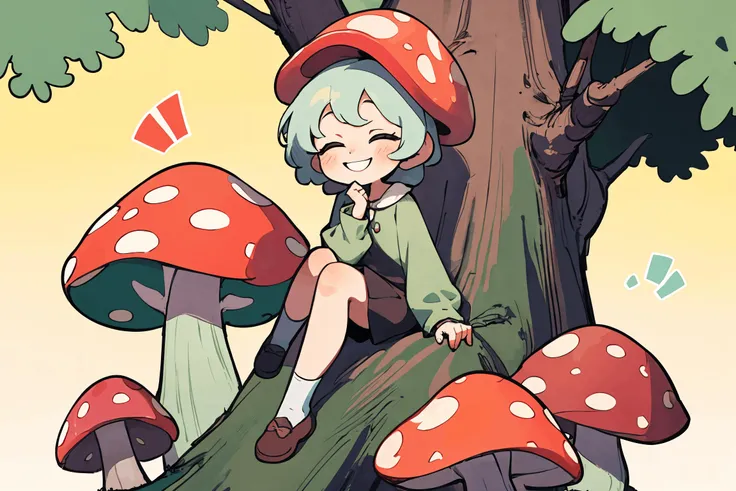 (best quality, masterpiece), chibi girl with mushroom on the head sitting by the tree, dumb looking, happy, silly, cute, Forest inhabitant, charming, absurdres, calm pastel colors,