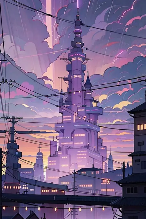 lanscape, amegakure  buildings, towers, dawn, cables, heavy rain, purple sky cloud, pipes, electricity, fog, cloudy sky, anime style, ghibli style,  ray of lights, <lora:ARWAmegakure:1>