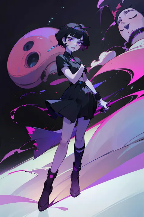 highres, masterpiece, perfect lighting, bloom, cinematic lighting, adult, female, looking at viewer, full body shot, (RSEEmma:1.5)<lora:RSERomantic_RSESofiko_RSEEmma-v1:0.3>, goth girl, goth makeup, pale skin, bangs, short hair, jet black hair, purple eyes, scowl, <lora:Zinnia:0.8> <lora:weight_slider_v2:-0.5>