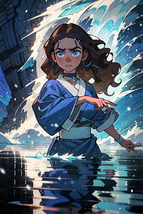 (katara:1.2), (manipulating water, moving water, bending water:1.2), dark skin, dark-skinned female, blue eyes, brown hair, (wavy hair, hair down, long hair:1.2), choker, (blue outfit, blue robe), snowing, snowy background, winter (realistic:1.2), (masterpiece:1.2), (full-body-shot:1),(Cowboy-shot:1.2), neon lighting, dark romantic lighting, (highly detailed:1.2),(detailed face:1.2), (gradients), colorful, detailed eyes, (detailed landscape:1.2), (natural lighting:1.2),(detailed background), detailed landscape, (dynamic pose:1.2), (solo, one person, one subject:1.5), <lora:KataraV2:0.6> <lora:add_detail:0.15> <lora:hipoly3DModelLora_v10:0.05> <lora:RSERomantic_RSESofiko_RSEEmma-v1:0.1> <lora:BeautifulEyes:0.65> <lyco:coloredSkin-08:0.3>