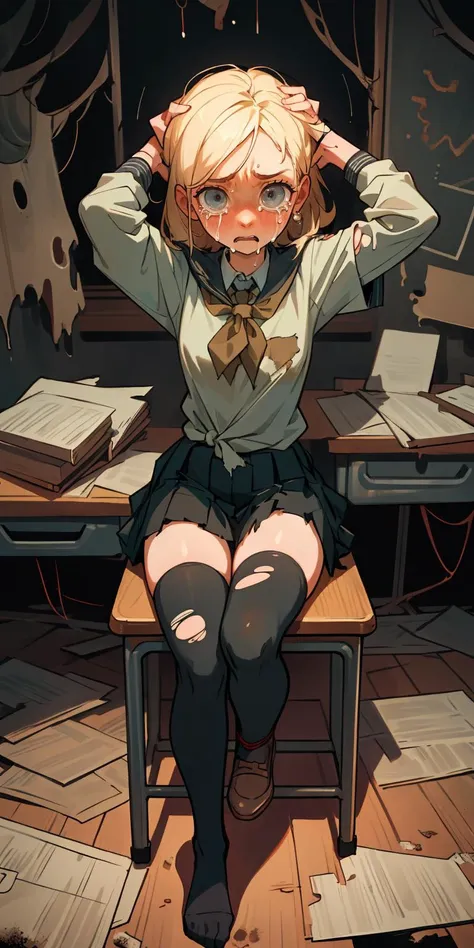 (best quality, masterpiece), 1girl, solo,sitting on a desk, beautiful face, blonde hair, torn clothes, torn legwear, dark school uniform, black thighhighs, moldy room, scared,crying, terrified face, itricate details, tied arms behind head, dark atmosphere, danger,