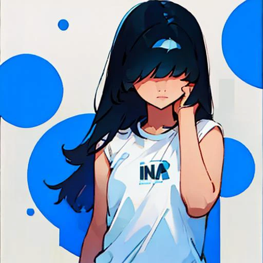 1ns4, 1girl, <lora:insanime_EF-10:1>, , bare arms, white shirt with blue details in the sides, <lora:face - hair over eyes:2>, hair over eyes, black long hair