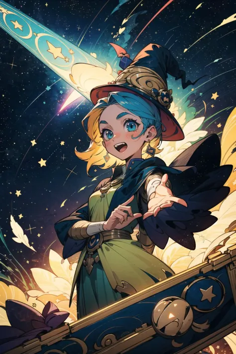 tarot_card, (best quality), (masterpiece), 1girl, (bewitching), (playful:1.2), (cute:1.3), (radiant:1.3), (enchanting:1.4), matte, (bold:1.3), colorful, vibrant, shooting star