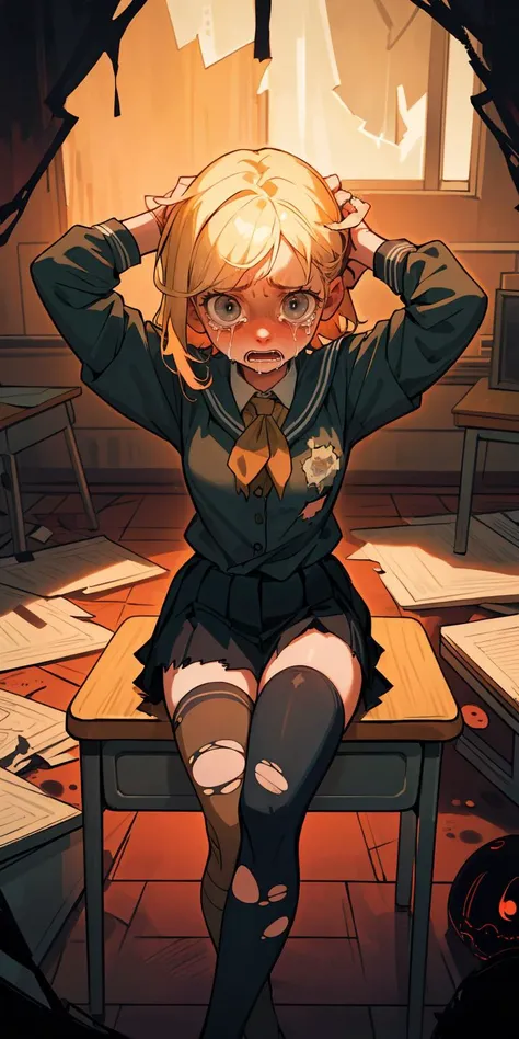 (best quality, masterpiece), 1girl, solo,sitting on a desk, beautiful face, blonde hair, torn clothes, torn legwear, dark school uniform, black thighhighs, moldy room, scared,crying, terrified face, itricate details, tied arms behind head, dark atmosphere, danger,