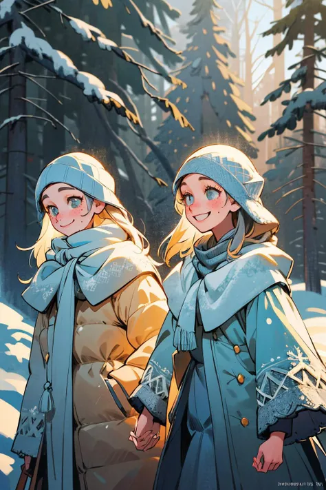 friends on a walk through a snowy forest. winter sun, snowflakes. smiling happy faces. kkw-skin-det-all_checkpoint_skin_detail_-_skin_detail_v1.0 , overalldetail-detail_++_-_overall_detail . detailed faces, (realistic:1.2), (masterpiece:1.2)