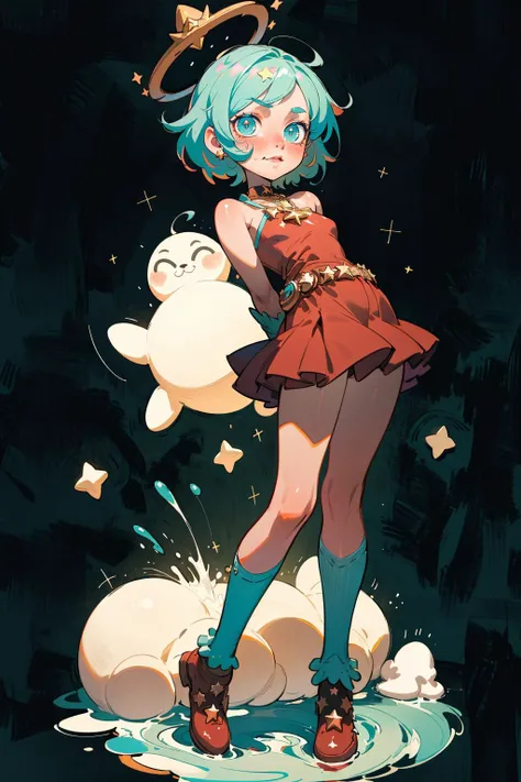 masterpiece, best quality, detailed, full body, magical girl, (cute:1.2), (enticing:1.4), (playful:1.1), (suggestive:1.4), detailed face, detailed eyes, detailed pupils, arms behind back, (ruby), (cerulean), star halo, (star necklace), (star belt)