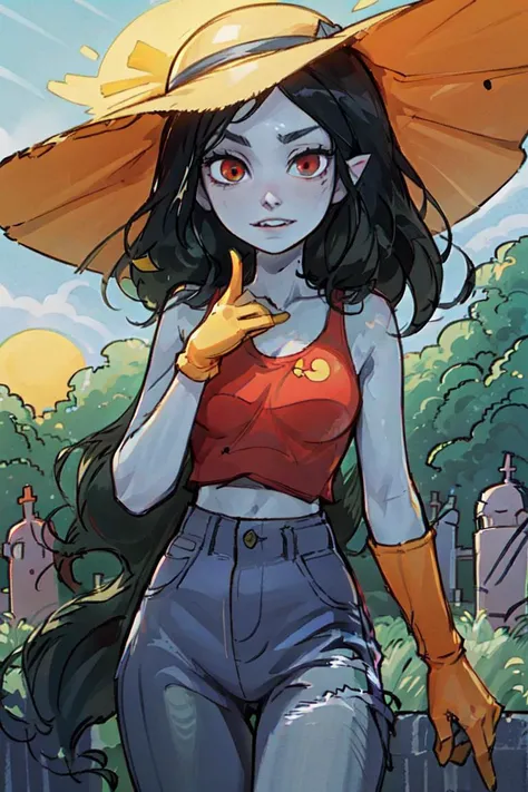 (MarcelineWaifu, Marceline the Vampire Queen:1.0), (gray skin, grey skin), (bite marks on neck), (grey skin, black hair, long black hair, red eyes, fangs:1.2), (large sun hat, red tank top, jeans, long yellow gloves:1.2), (tall and slender:1.5), cartoony facial features, large round eyes, (Cowboy-shot:1.2), cave, night time, forest, cemetery, ruins, neon lighting, dark romantic lighting, (highly detailed:1.2),(detailed face:1.2), (gradients), colorful, detailed eyes, (detailed landscape:1.2), (natural lighting:1.2),(detailed background),detailed landscape, (dynamic pose:1.2), (headshot, close up, chest up shot, waist up shot:1.5 )<lora:MarcelineADT_character-20:0.7> <lora:add_detail:0.05> <lora:hipoly3DModelLora_v10:0.05> <lora:RSERomantic_RSESofiko_RSEEmma-v1:0.1> <lyco:coloredSkin-08:0.5>