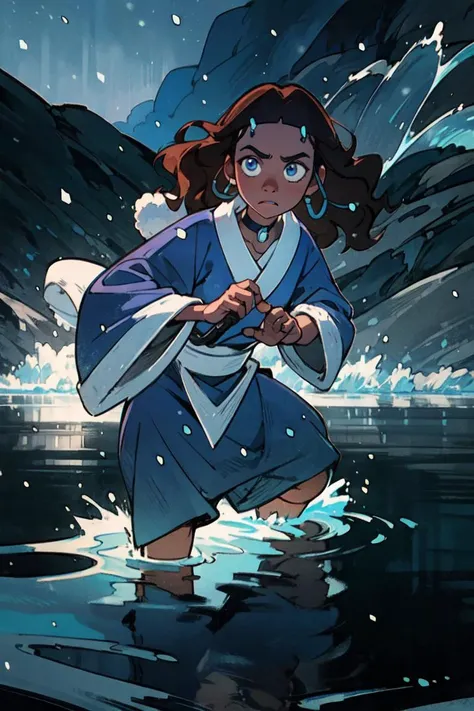 (katara:1.2), (manipulating water, moving water, bending water:1.2), dark skin, dark-skinned female, blue eyes, brown hair, (wavy hair, hair down, long hair:1.2), choker, (blue outfit, blue robe), snowing, snowy background, winter (realistic:1.2), (masterpiece:1.2), (full-body-shot:1),(Cowboy-shot:1.2), neon lighting, dark romantic lighting, (highly detailed:1.2),(detailed face:1.2), (gradients), colorful, detailed eyes, (detailed landscape:1.2), (natural lighting:1.2),(detailed background), detailed landscape, (dynamic pose:1.2), (solo, one person, one subject:1.5), <lora:KataraV2:0.6> <lora:add_detail:0.15> <lora:hipoly3DModelLora_v10:0.05> <lora:RSERomantic_RSESofiko_RSEEmma-v1:0.1> <lora:BeautifulEyes:0.65> <lyco:coloredSkin-08:0.3>