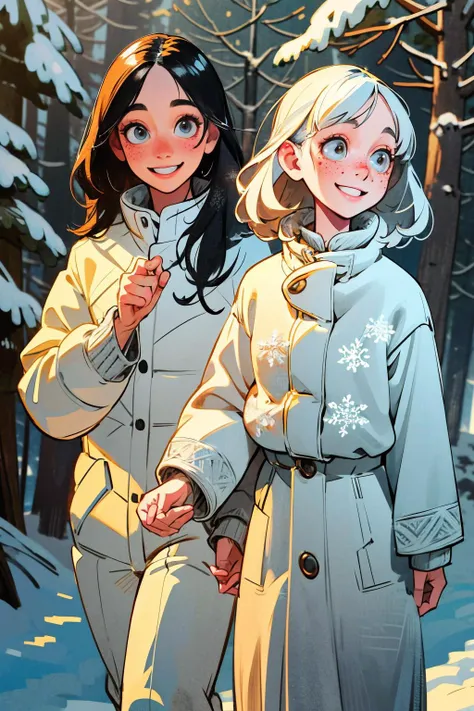 friends on a walk through a snowy forest. winter sun, snowflakes. smiling happy faces. kkw-skin-det-all_checkpoint_skin_detail_-_skin_detail_v1.0 , overalldetail-detail_++_-_overall_detail . detailed faces, (realistic:1.2), (masterpiece:1.2)