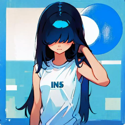 1ns4, 1girl, <lora:insanime_EF-10:1>, , bare arms, white shirt with blue details, <lora:face - hair over eyes:2>, hair over eyes, black long hair