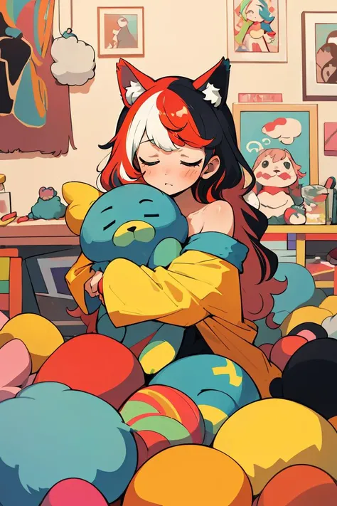 (best quality, masterpiece), 1girl, off shoulder,(multicolored hair:1.3), clutter girl's lovely room, hugging stuffed animal, fluffy hoodie with animal ears,