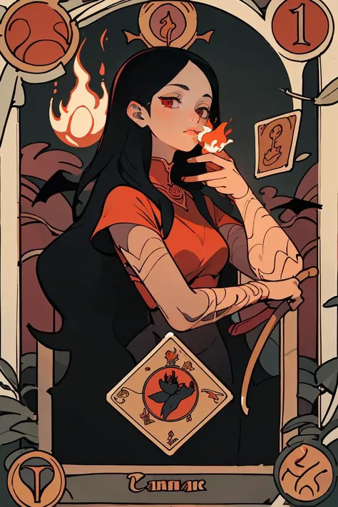 (best quality, masterpiece), 1girl, long hair, flame, leaf, tarot card, demon,