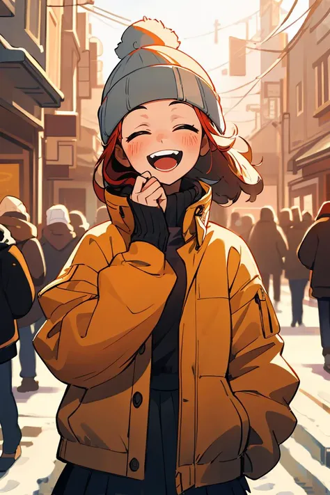 (best quality, masterpiece), 1girl, laughing, jacket, skirt, alley, in crowd, winter, beanie, upper body,