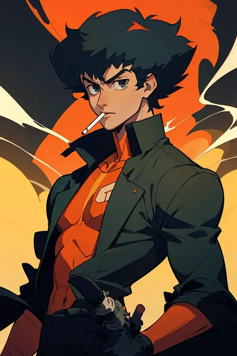 (best quality, masterpiece), 1boy, cowboy bebop, Spike Spiegel, black hair, (black suit), upper body, cigarette,