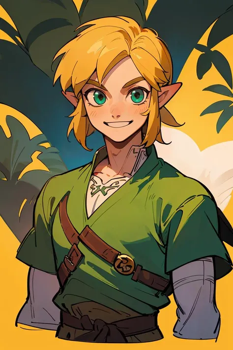 (best quality, masterpiece), 1boy, legend of zelda, link, smile, blonde, upper body,