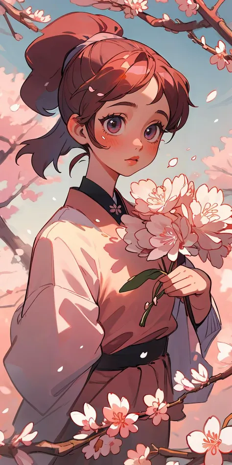 (best quality, masterpiece), 1girl, cherry Blossom, ponytail,