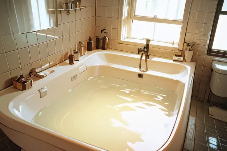 realistic, (chubby), solo, naked, bathroom, bathtub, reflection, rim lighting