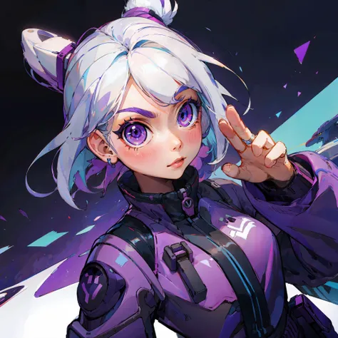 1 girl, white hair, purple eyes, fortnite style, artwork, waving,