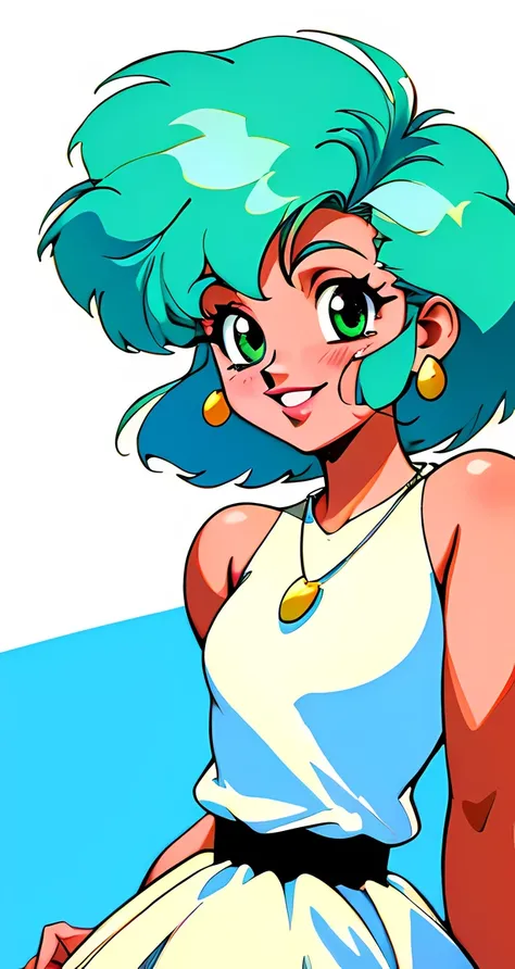 1990 artstyle retro artstyle Highres bye pose green hair, lips, necklace, (sleeveless dress, white dress) upper body, smile , (simple background, white background) (anime)