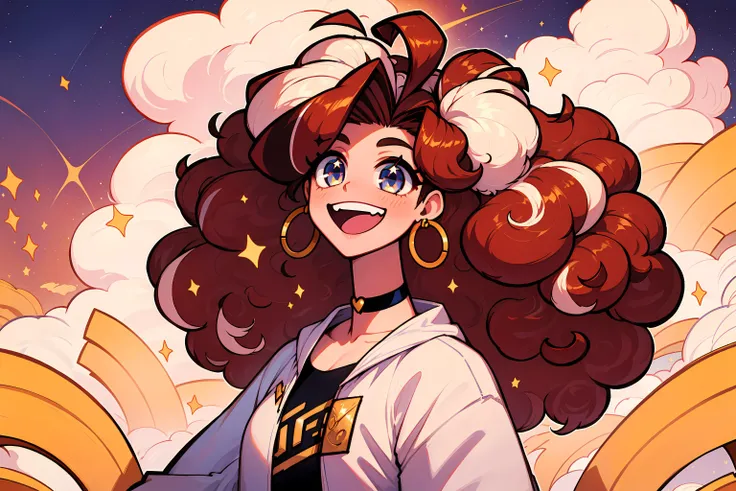 masterpiece, best quality, volumetric lighting, starry sky, 1girl, solo, from side, playing in a cloud, floating in the sky, fluffy hair, curly hair, streaked hair, heart ahoge, sparkling eyes, golden hoop earrings, choker, happy, smile, :D, simple clothes, <lora:floofy-bob-1.0:0.6> floofy bob, big hair, <lora:KTFv2_01:1.0>