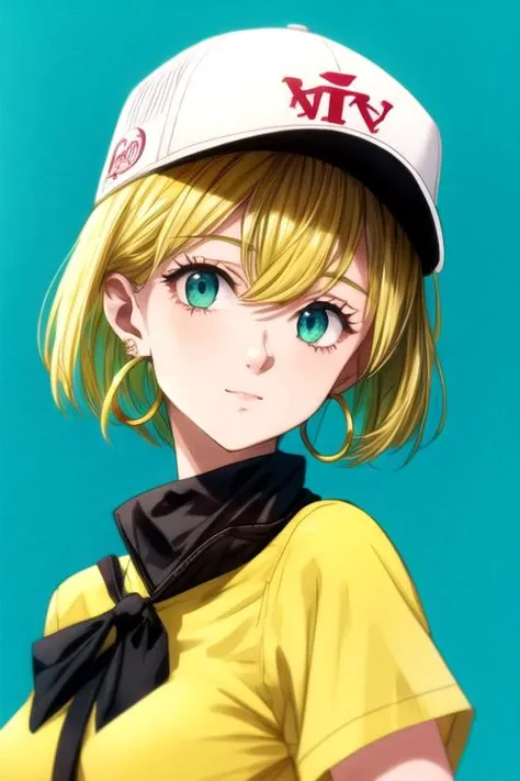 masterpiece, best quality, illustration, 1girl, loungewear, , aqua eyes, baseball cap, blonde hair, closed mouth, earrings, green background, hat, hoop earrings, jewelry, looking at viewer, shirt, short hair, simple background, solo, upper body, yellow shirt, solo, looking at viewer, , depth of field, , , courtroom, 8k resolution, <lora:nanatsu_no_taizai_style:0.89>, nanatsu_no_taizai_style