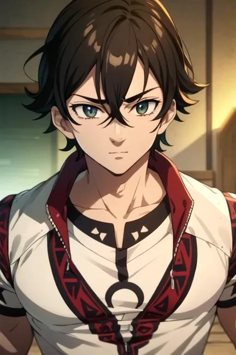 masterpiece, best quality, game cg, 1boy, male focus, henley, , solo, looking at viewer, upper body, depth of field, , realistic, aztec, , <lora:nanatsu_no_taizai_style:0.91>, nanatsu_no_taizai_style