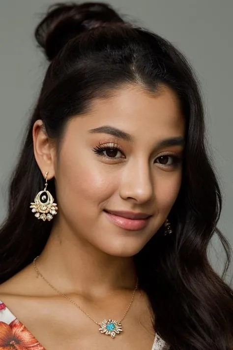 <lora:4r14n4s:0.9>, a Realistic photo of 4r14n4s woman, 1girl, solo, long hair, looking at viewer, smile, brown hair, brown eyes, jewelry, upper body, earrings, necklace, mole, lips, traditional media, floral print, realistic, professional Photography, Photorealistic, detailed eyes, RAW, analog, sharp focus, 8k, HD, DSLR, high quality, Fujifilm XT3, film grain, award winning, masterpiece